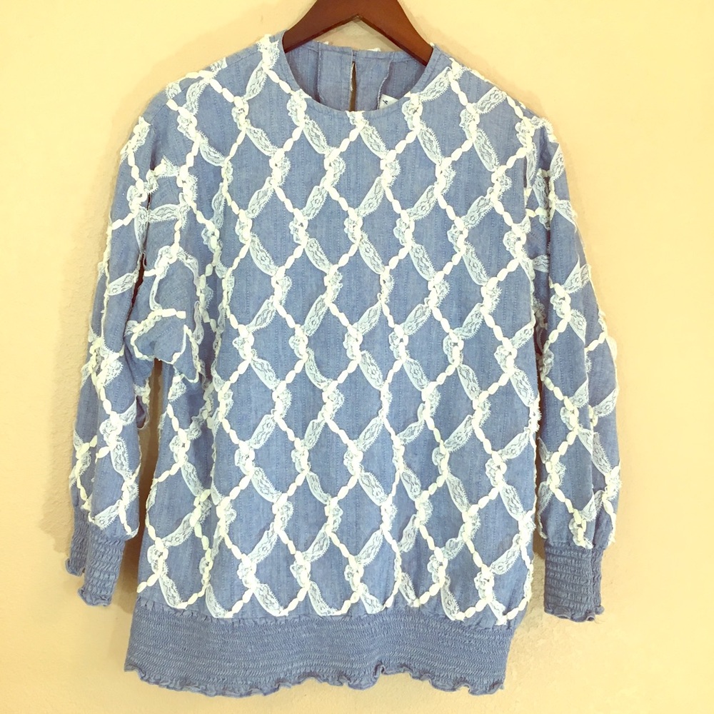 Lace & ribbon chambray blouse long sleeve vintage